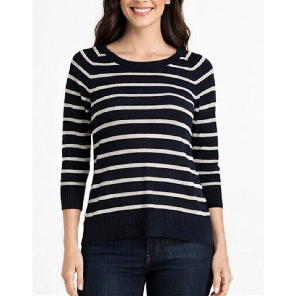 Loft Merino Wool lightweight crewneck navy and white striped sweater xs